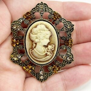 Vintage Style Victorian Lady Cameo Brooch Gold and Brown Rhinestones Retro